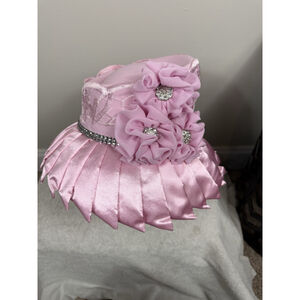 Donna Vinci Couture Pink Lady Satin Hat With Rhinestones, Embroidery Flowers NWT